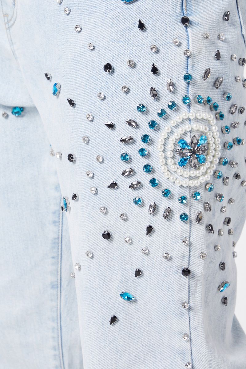 Aqua Blue Embellished Flared Denim