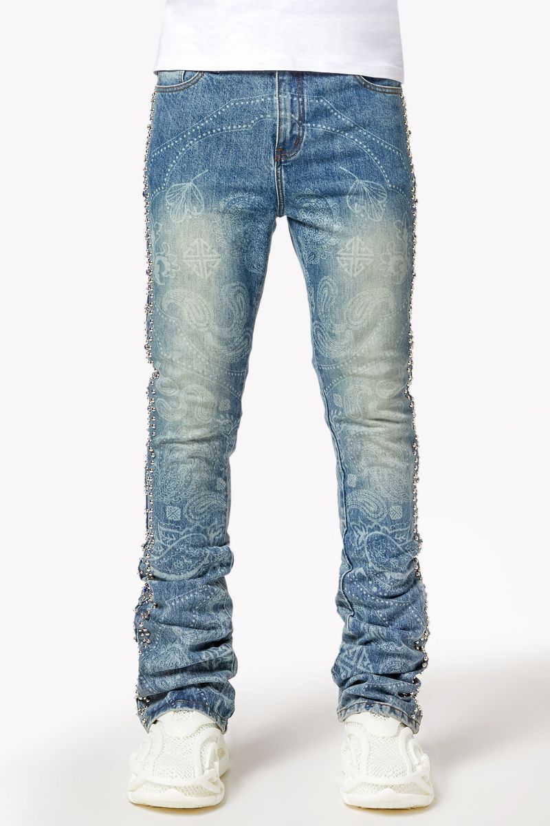 Aqua Blue Rivets Stacked Denim