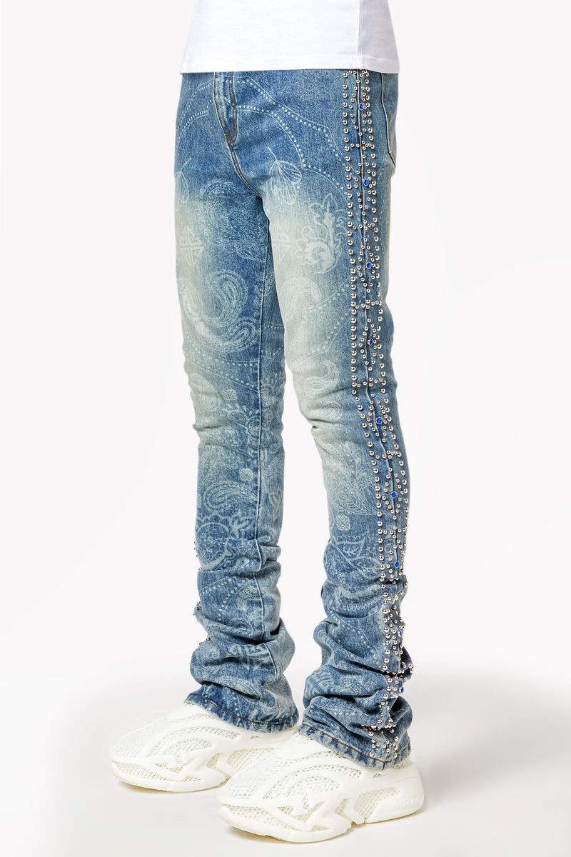Aqua Blue Rivets Stacked Denim