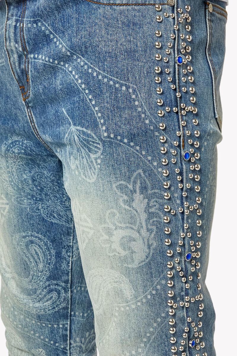 Aqua Blue Rivets Stacked Denim