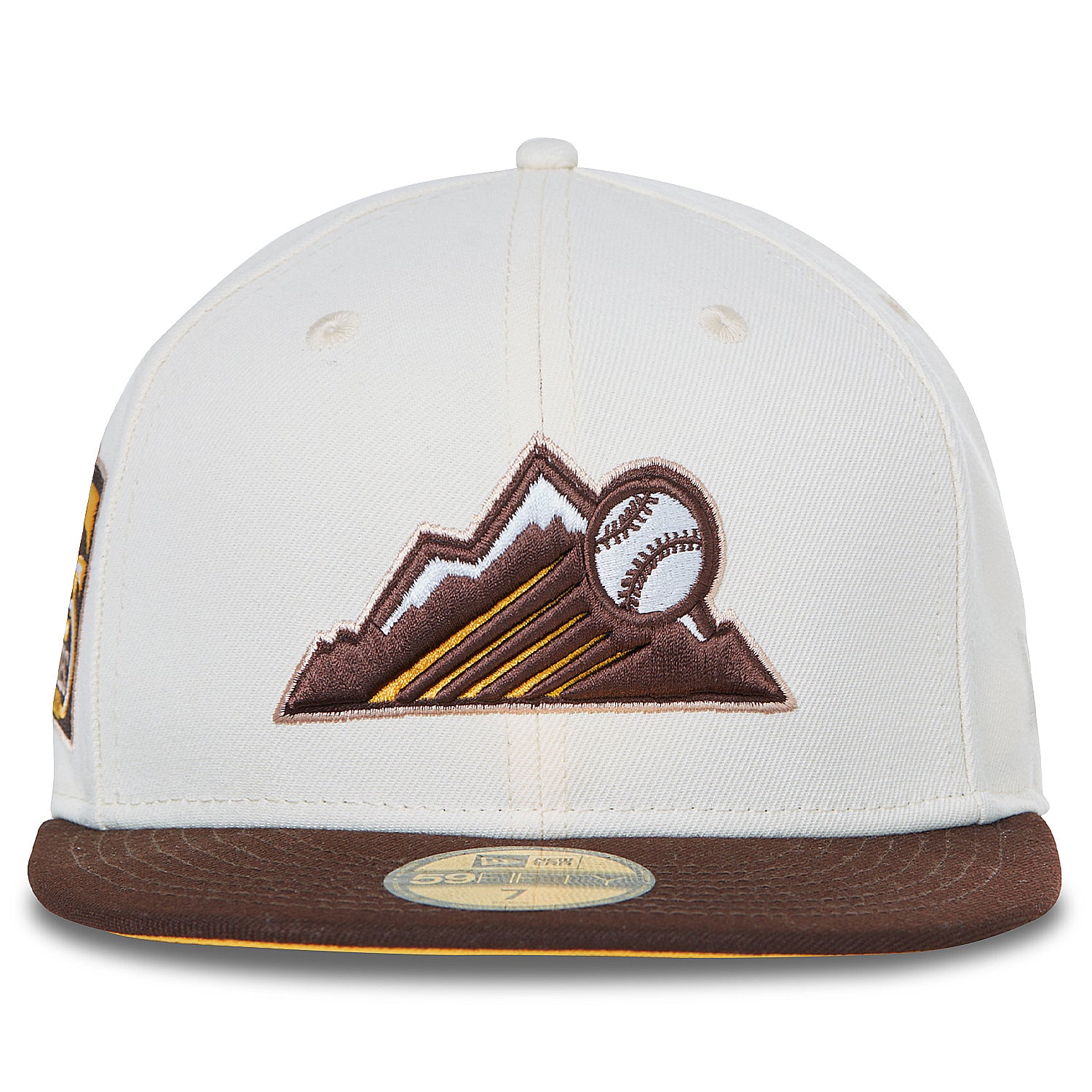 Rockies New Era 59FIFTY Hat Chrome & Brown Yellow Bottom