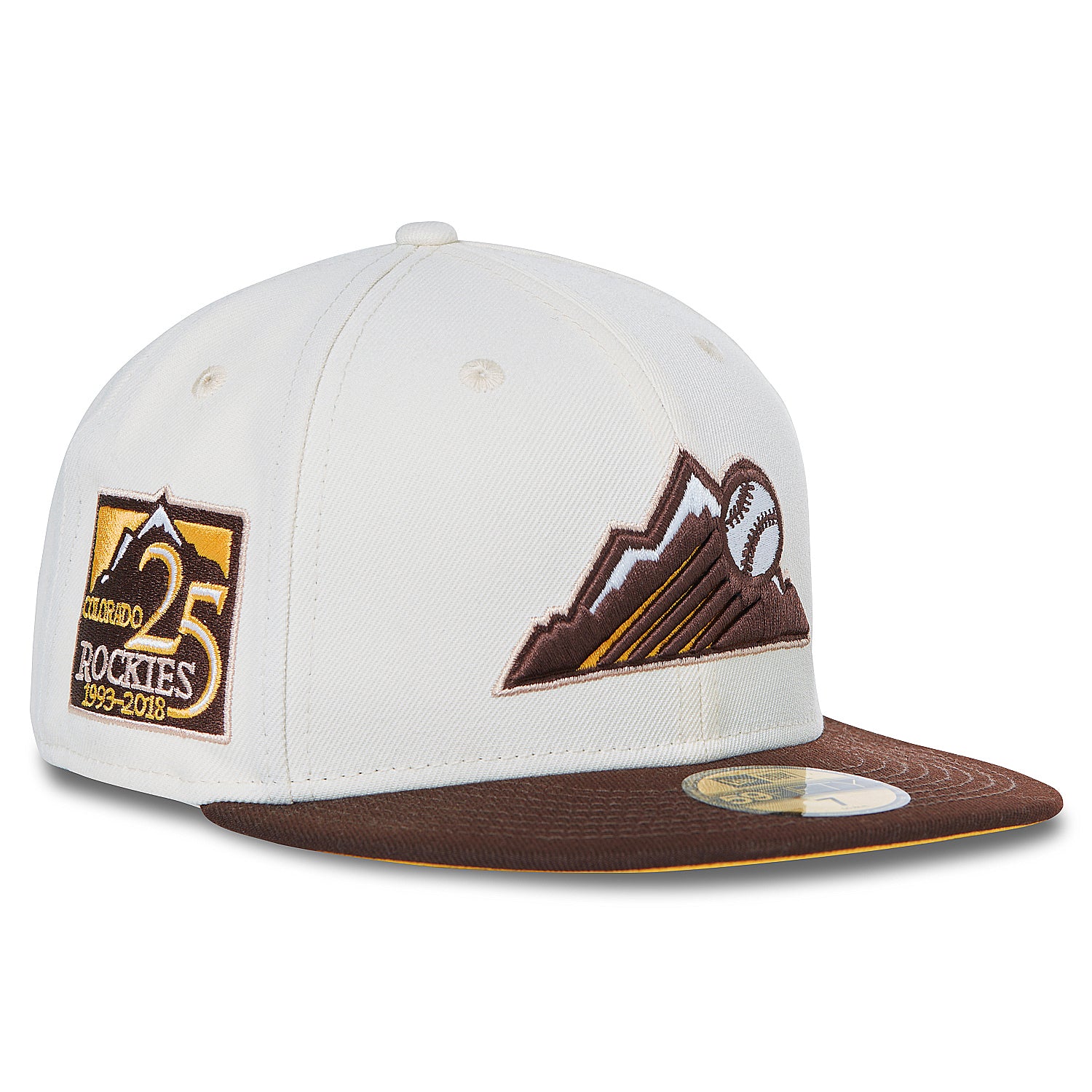 Rockies New Era 59FIFTY Hat Chrome & Brown Yellow Bottom