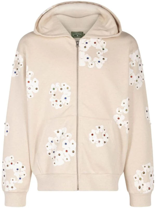 Rhinestone Cotton Wreath zip hoodie