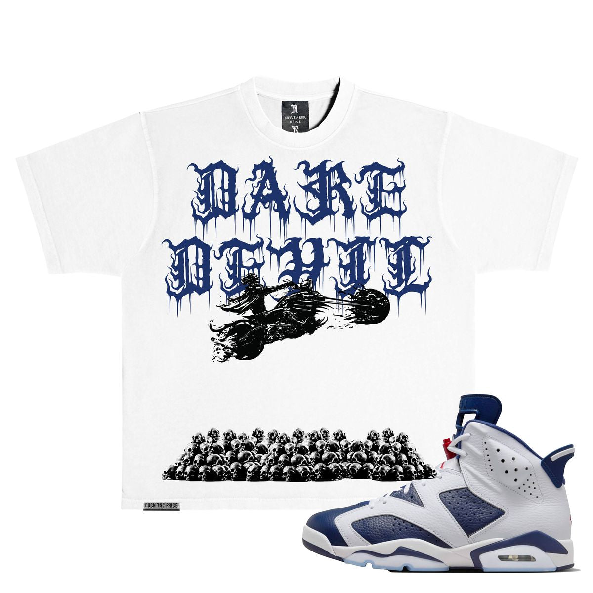 DARE DEVIL" HEAVYWEIGHT LUXURY T-SHIRT WHITE AND NAVY