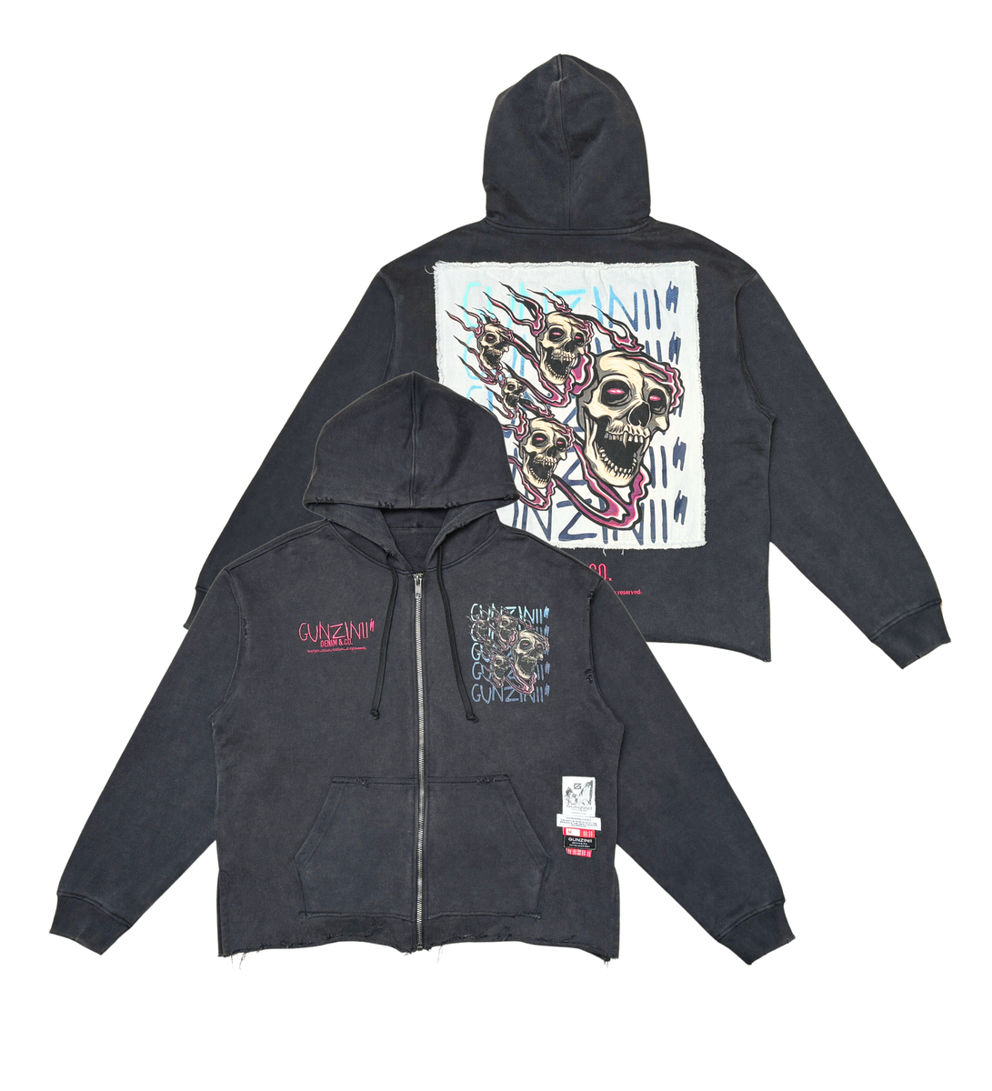 CROP ZINII SKULL FIRE ZIP DOWN HOODIE