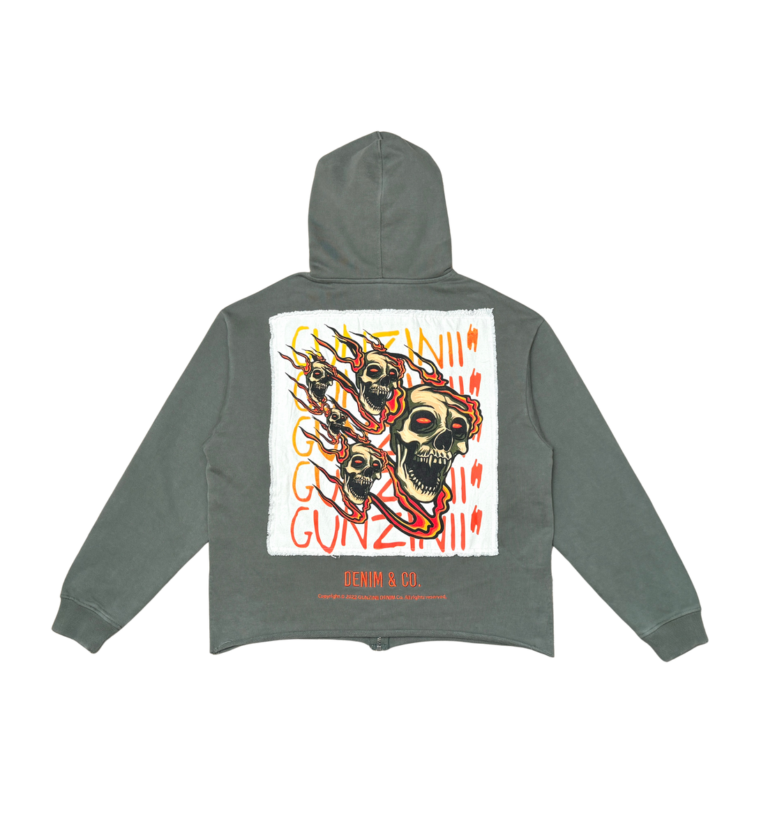 CROP ZINII SKULL FIRE ZIP DOWN HOODIE