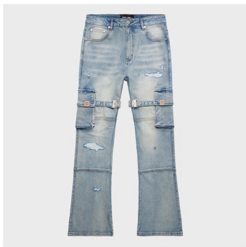 Distressed Strap Cargo Flare Denim | Light Wash