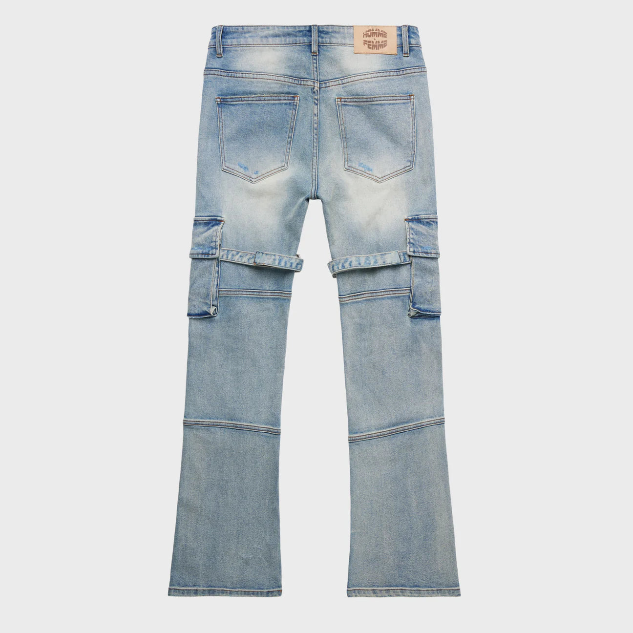 Distressed Strap Cargo Flare Denim | Light Wash