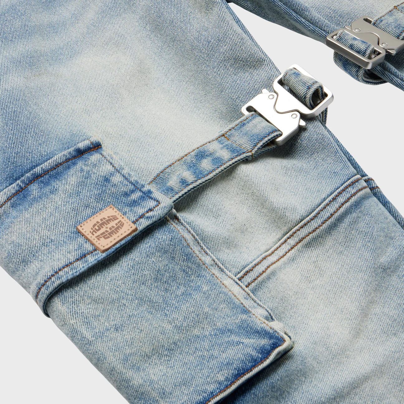 Distressed Strap Cargo Flare Denim | Light Wash