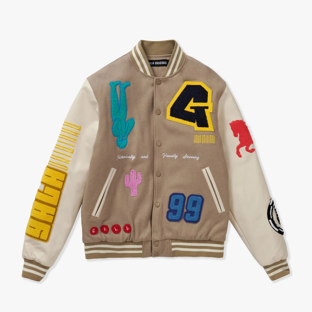 IT'S COMPLICATED VARSITY JACKET (PALE KHAKI/PEARL)