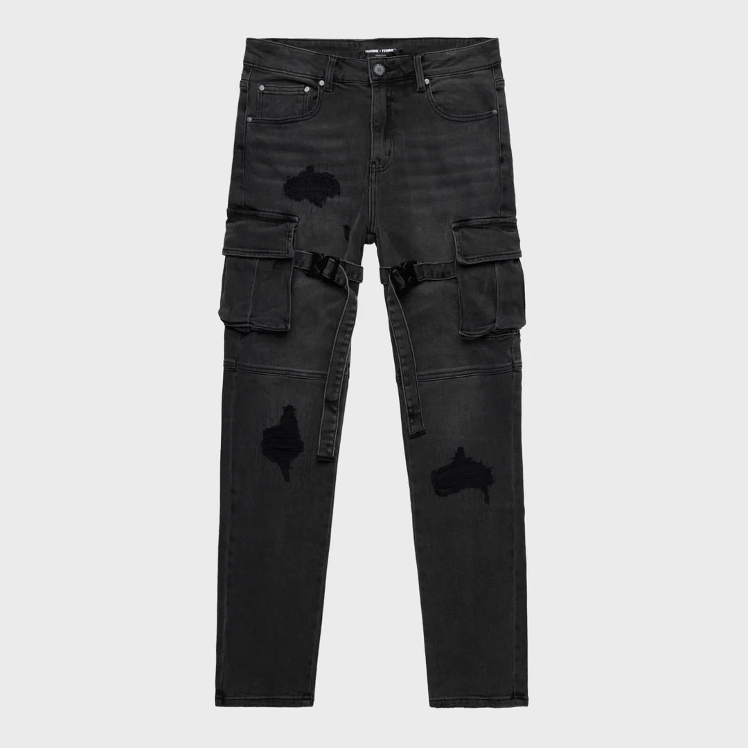 DISTRESSED STRAP CARGO DENIM BLACK