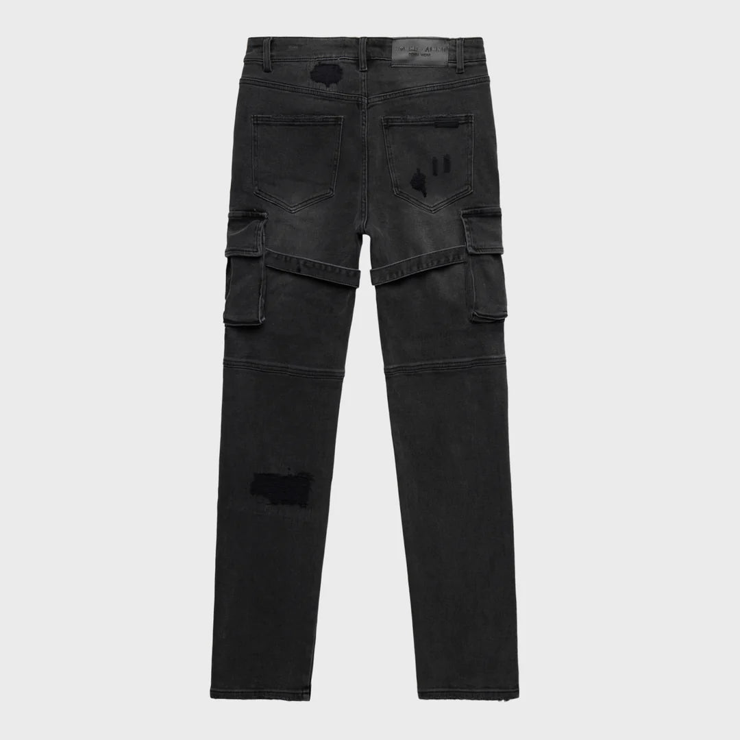 DISTRESSED STRAP CARGO DENIM BLACK