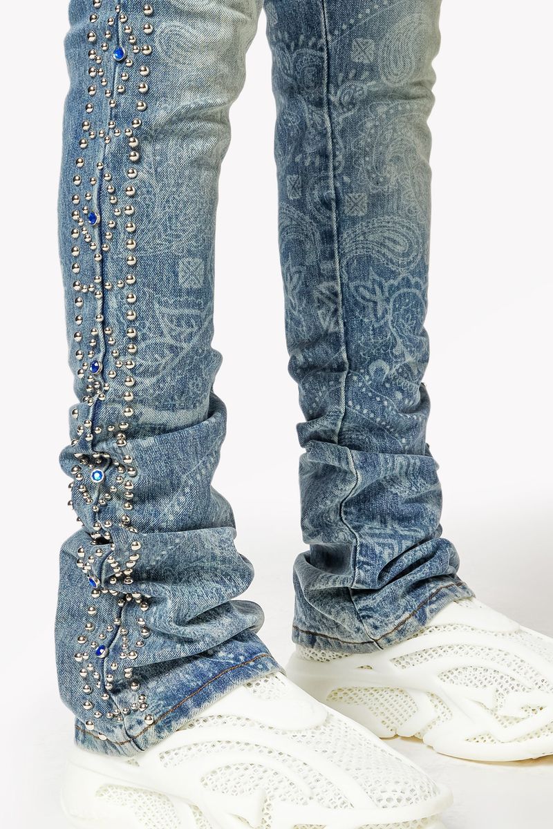 Aqua Blue Rivets Stacked Denim